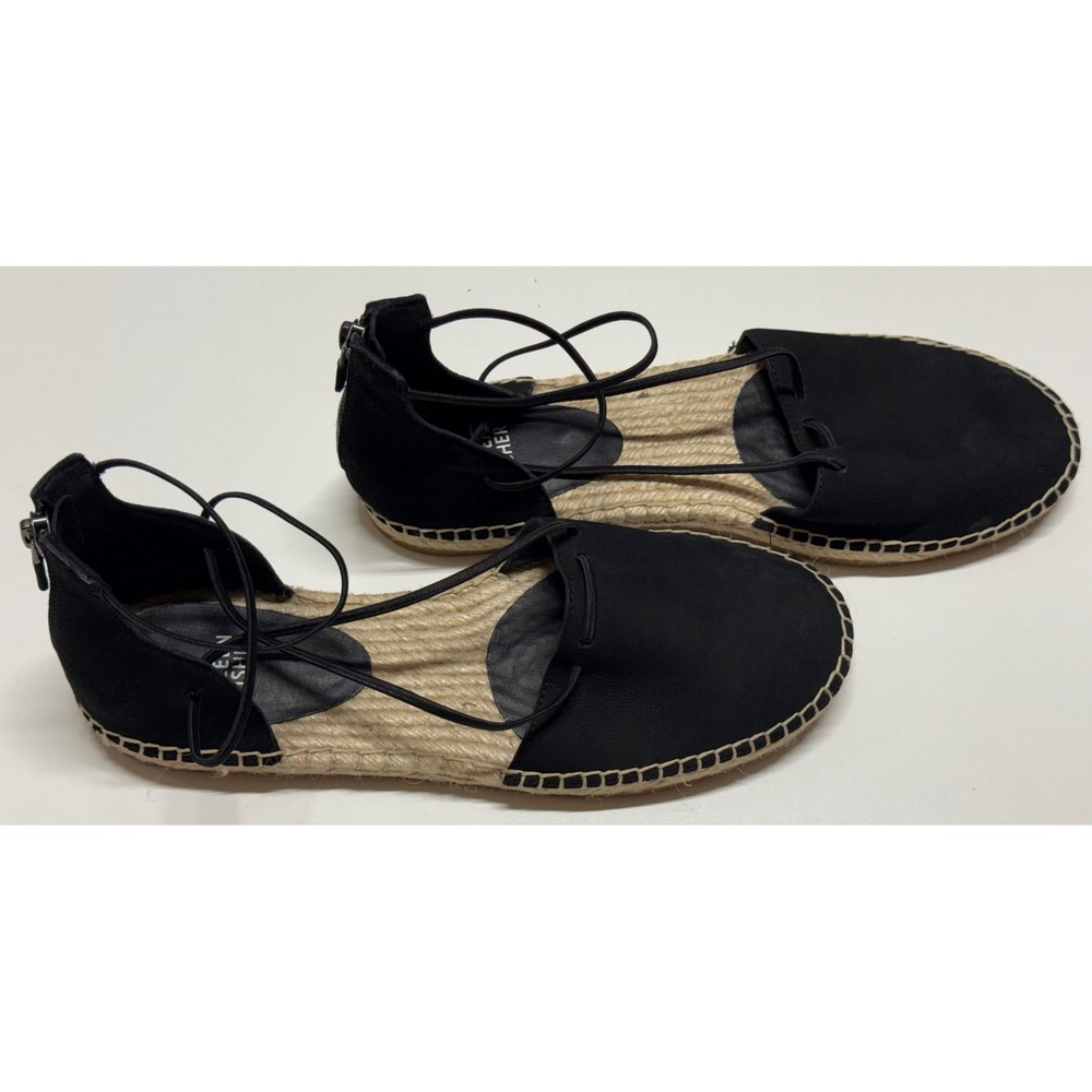 Eileen Fisher Black Suede Lace Up Espadrille Flats Ankle Tie Zip Back Size 9